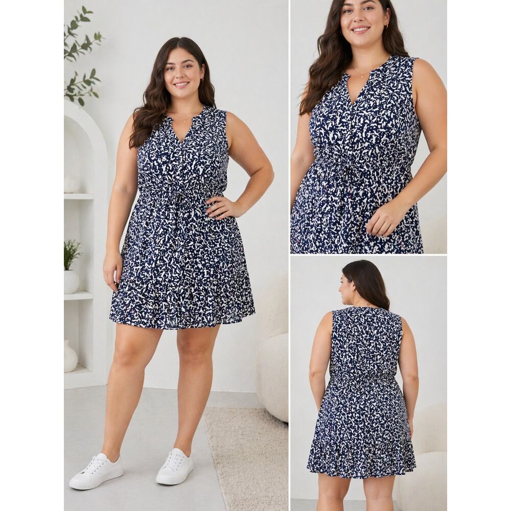 Gap Playful Cat Print Navy White Sleeveless Dress Drawstring Ruffle Hem L